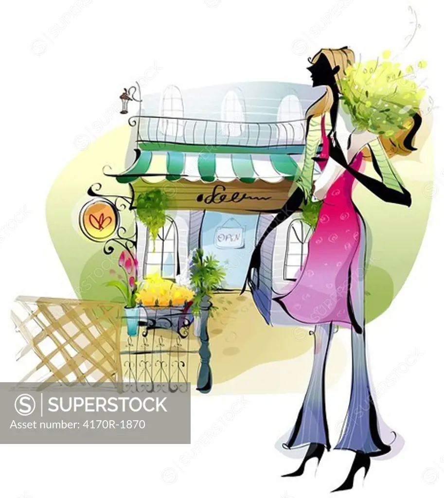 Side profile of a woman standing outside a flower shop