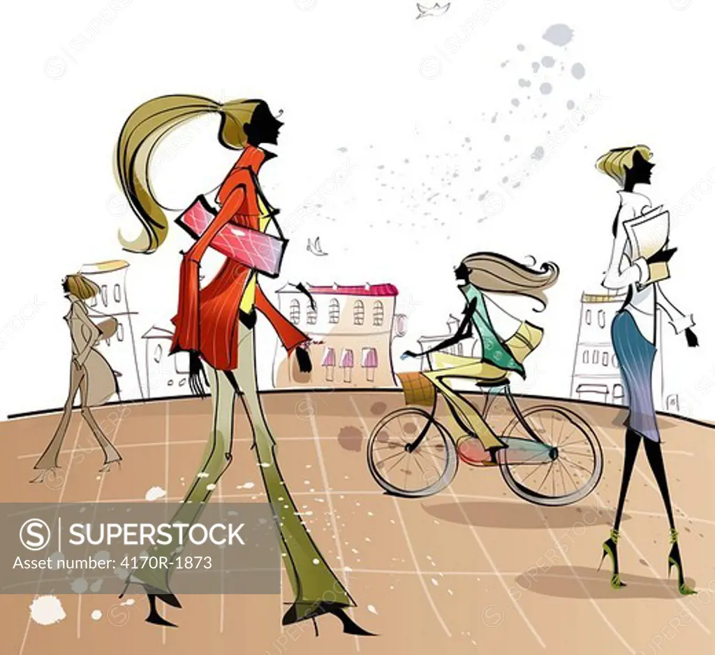 Side profile of three women walking with another woman riding a bicycle