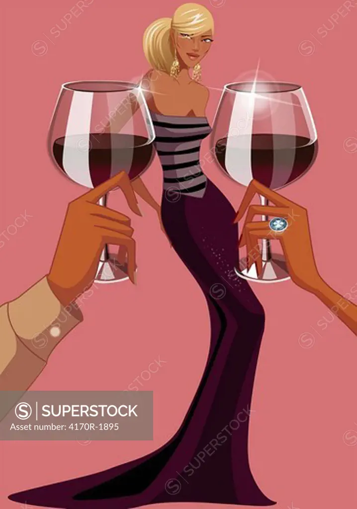 Close-up of a couple´s hands holding wine glasses with a woman in the background