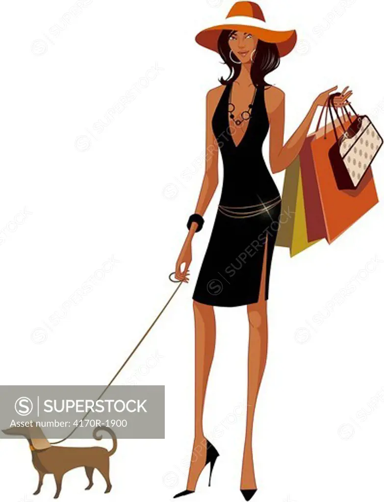 Woman holding shopping bags with her pet dog