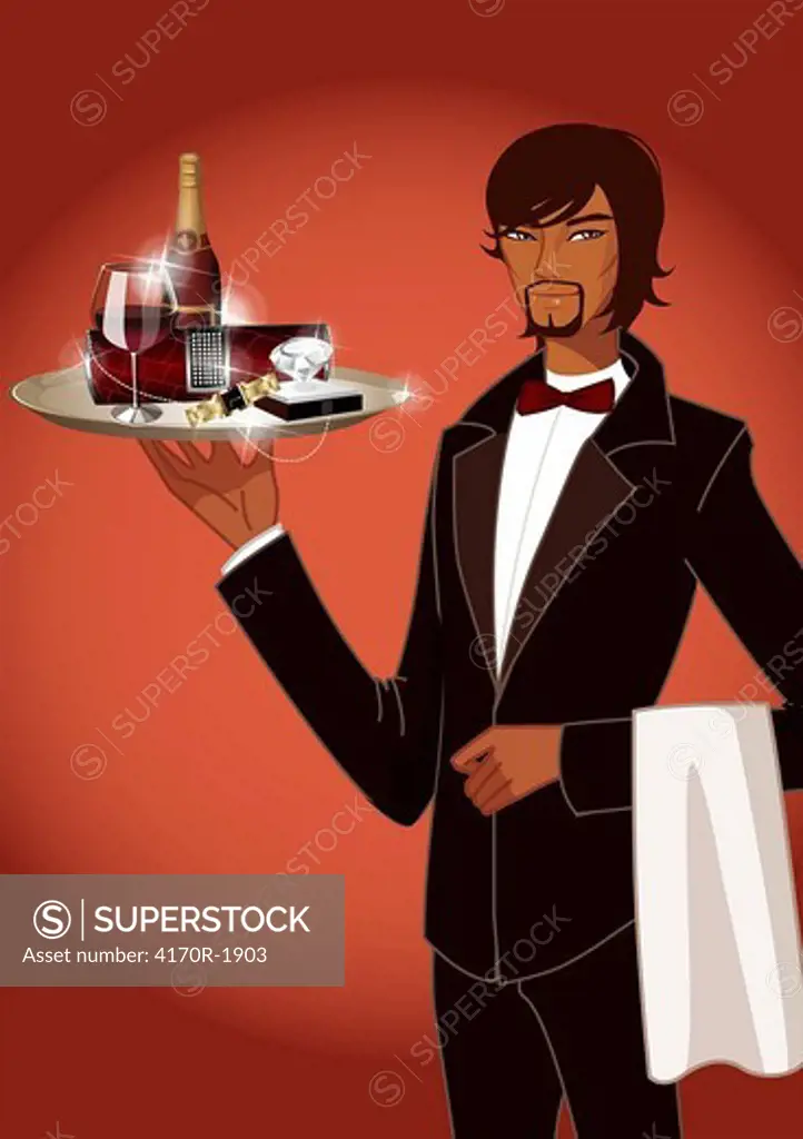 Male waiter holding a tray