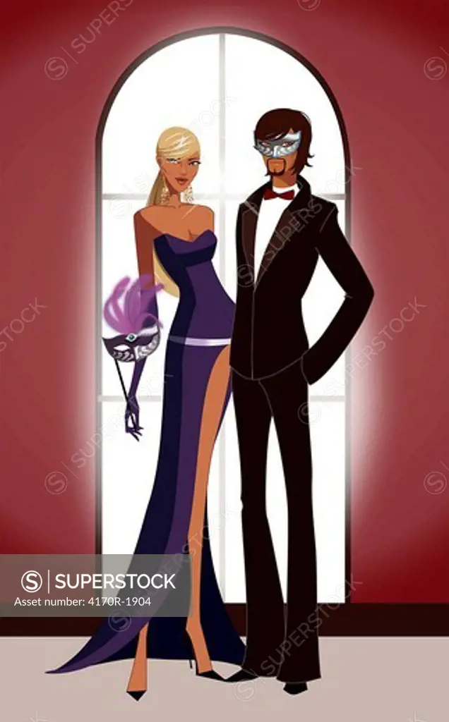 Woman holding a masquerade mask and a man standing with his hand in his pocket
