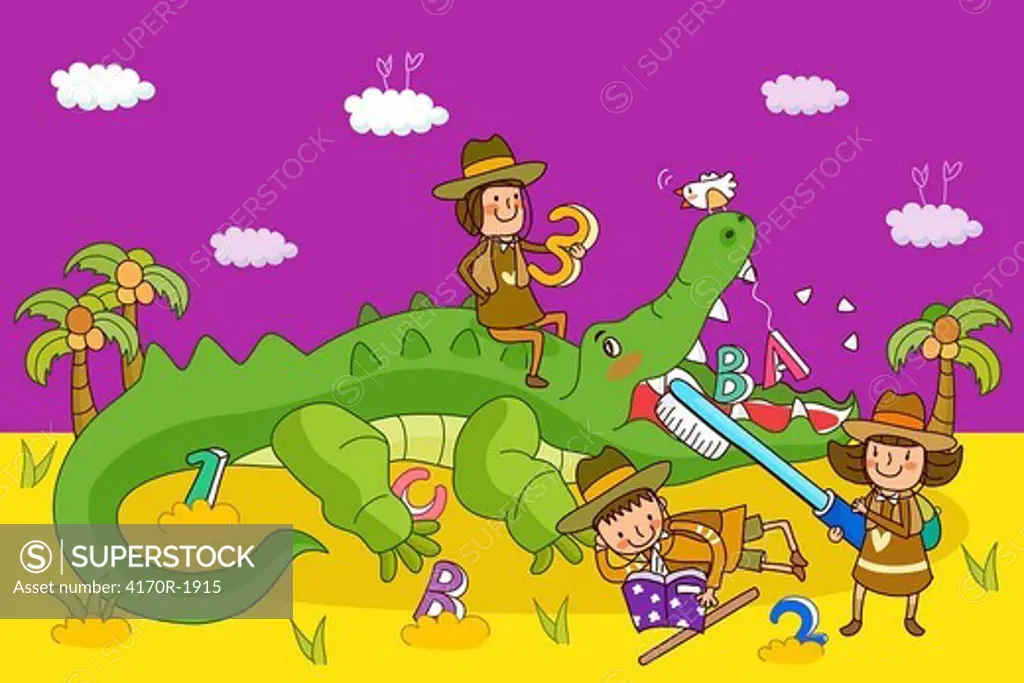 Two girls and a boy playing with a crocodile