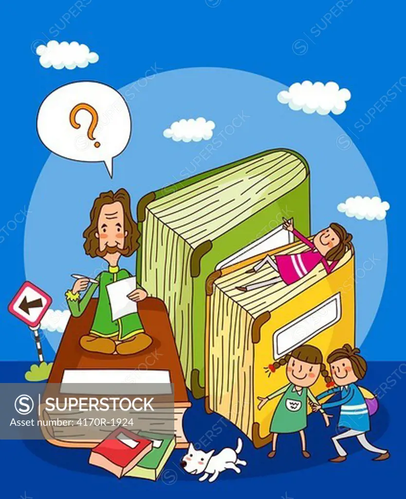 Teacher sitting on a book with two girls standing beside him and another lying on a book