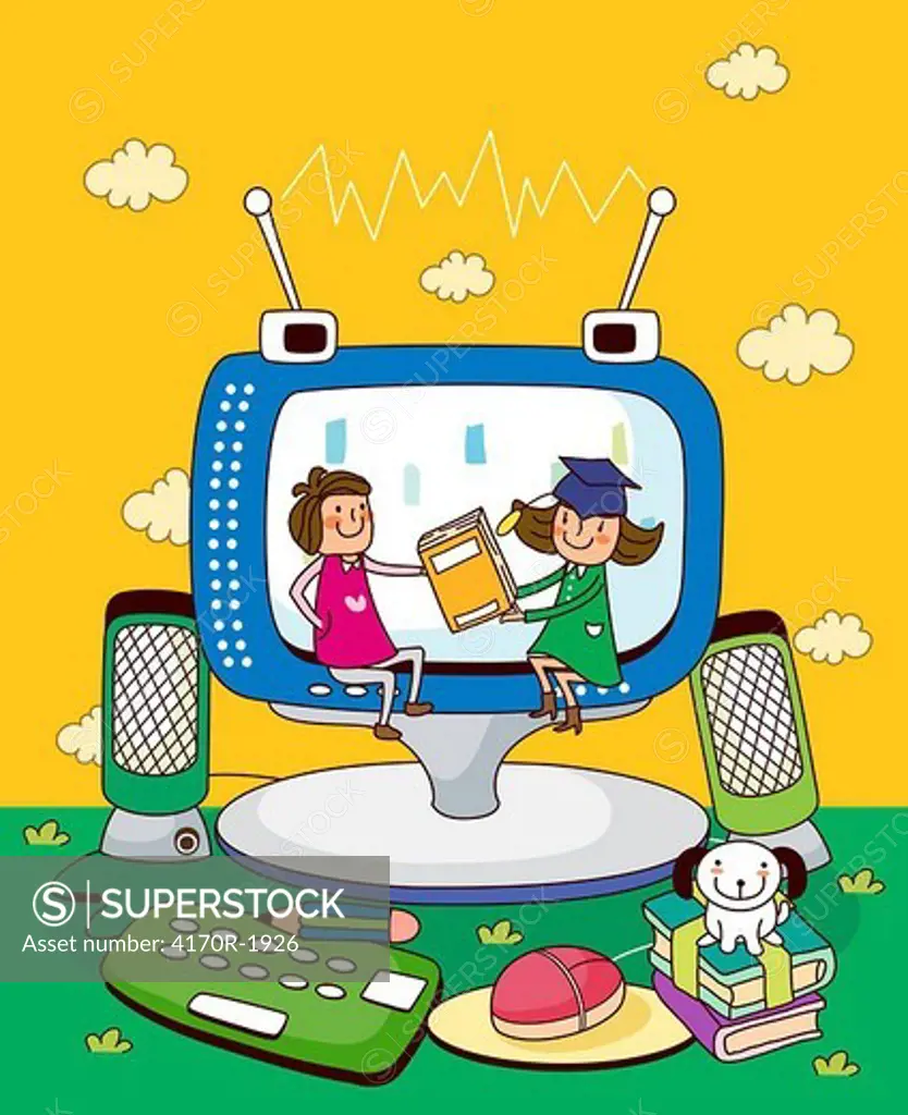 Two girls sitting on a computer monitor and holding a book