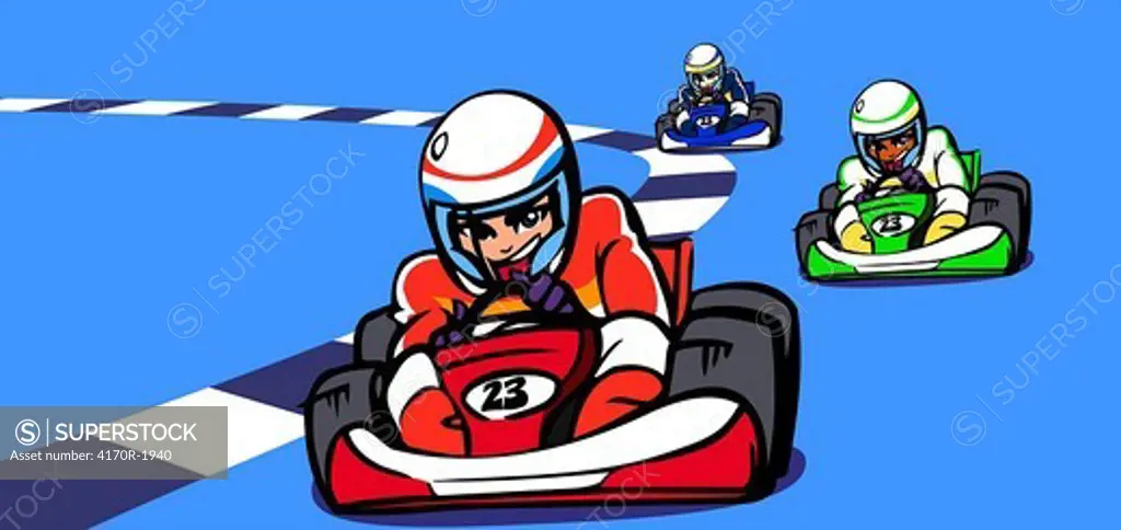 Three people participating in a go-carting race