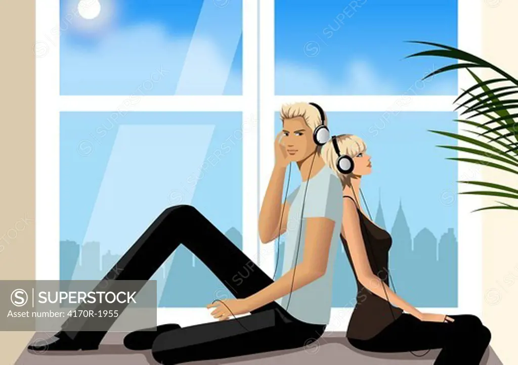 Side profile of a couple sitting back to back on a window sill and listening to headphones