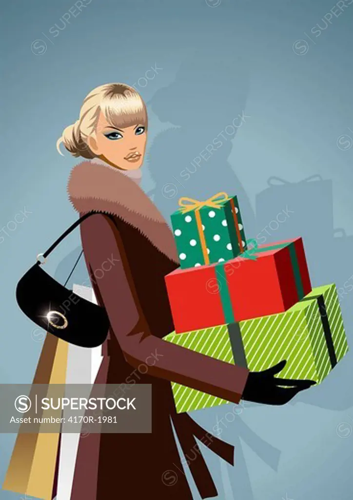 Portrait of a woman carrying Christmas presents