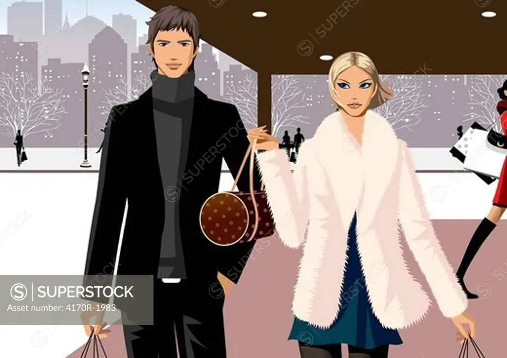 Couple walking with shopping bags