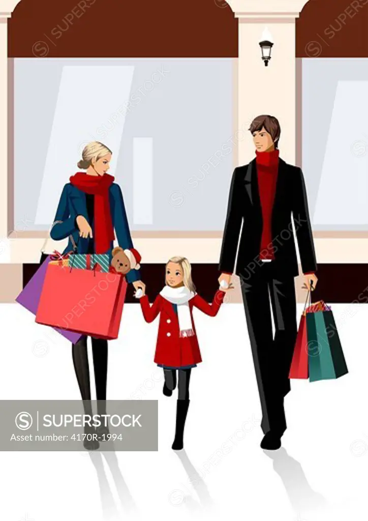 Couple carrying shopping bags and walking with their daughter