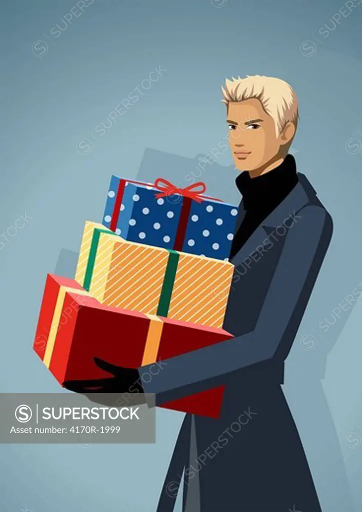 Side profile of a man carrying Christmas presents