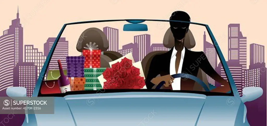 Portrait of man driving car with gifts by side