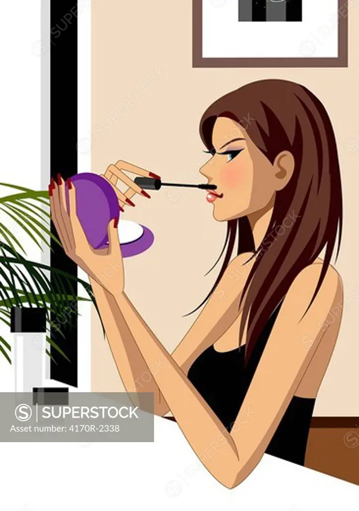 Young woman looking at mirror applying Mascara