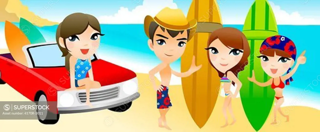 Portrait of two women and a man holding surfboards with a woman sitting on a car