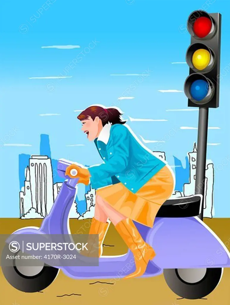 Side profile of a woman riding a scooter