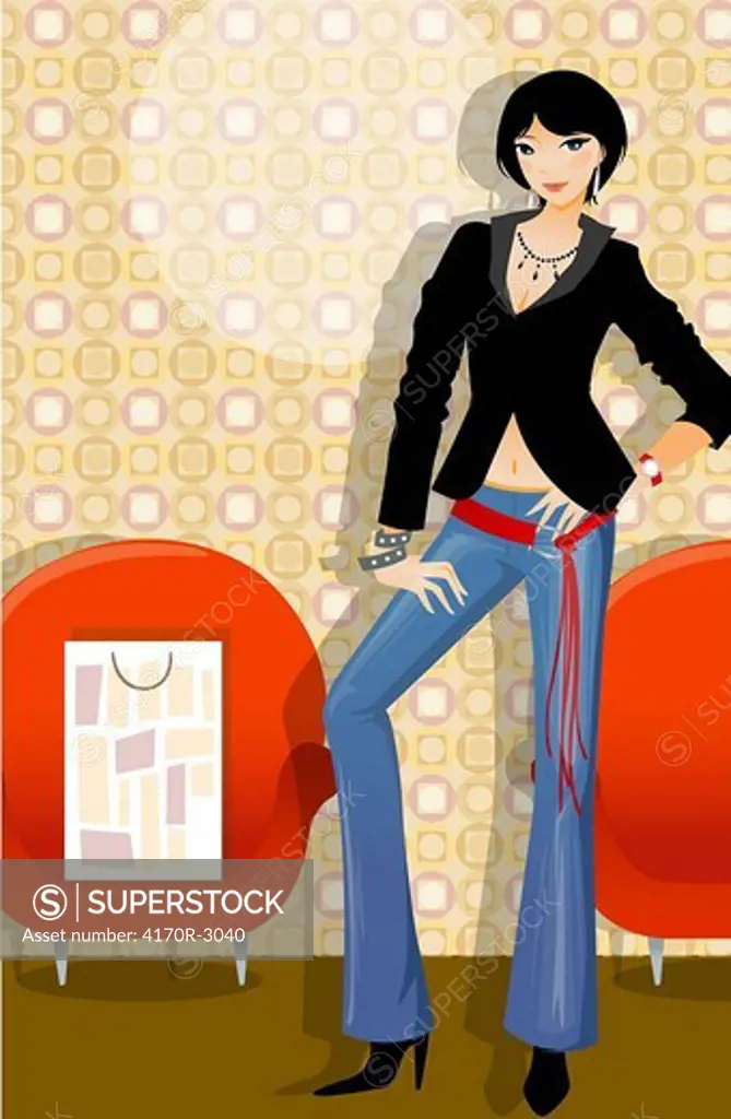 Portrait of a woman standing near a shopping bag in an armchair