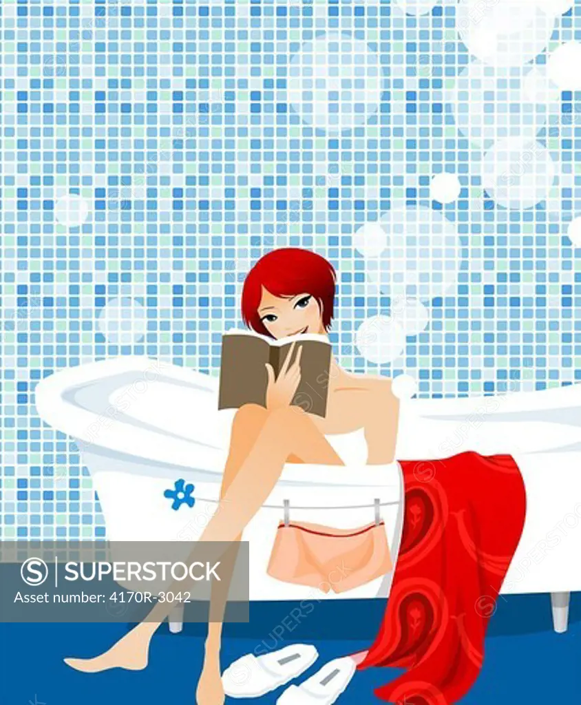 Portrait of a woman sitting in a bathtub and holding a book