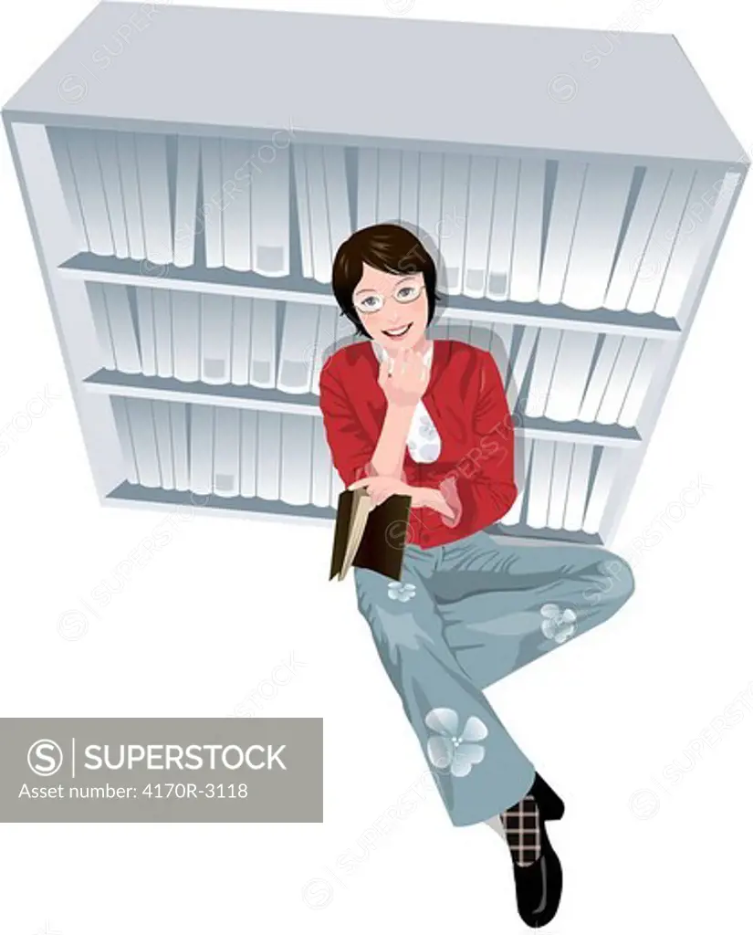 Portrait of a woman leaning against a bookshelf and smiling