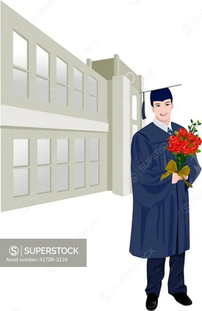 Portrait of a man wearing graduation gown and holding a bouquet of flowers