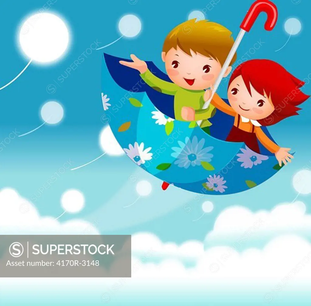 Boy and a girl flying in the sky in an umbrella