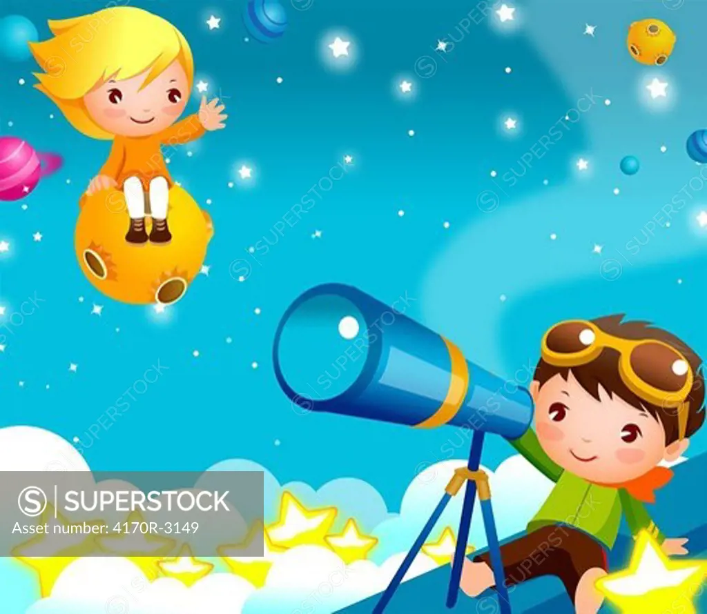 Boy looking through a telescope with a girl sitting on UFO