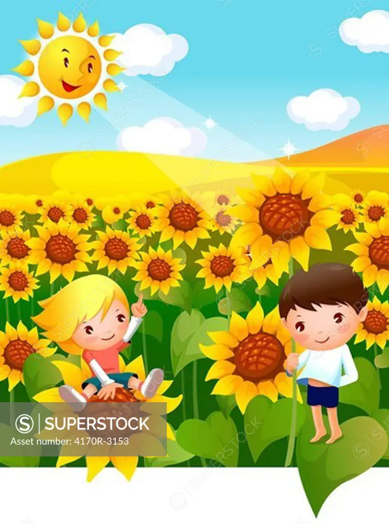 Boy and a girl in a Sunflower field