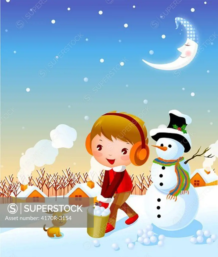 Girl carrying a bucket of snowballs with a dog and a snowman standing beside her