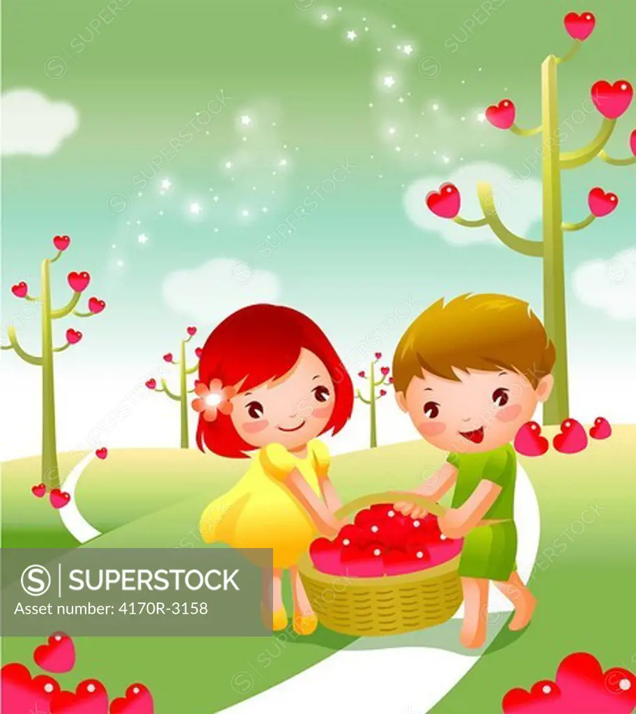 Girl and a boy carrying heart shape fruits in a basket