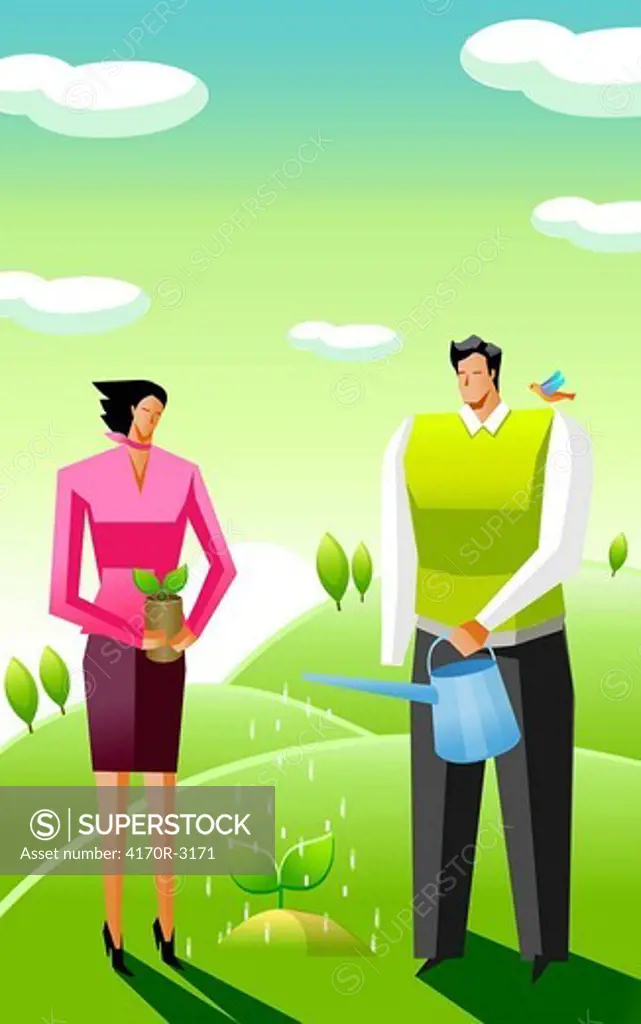 Man watering a plant with a woman holding a potted plant beside him