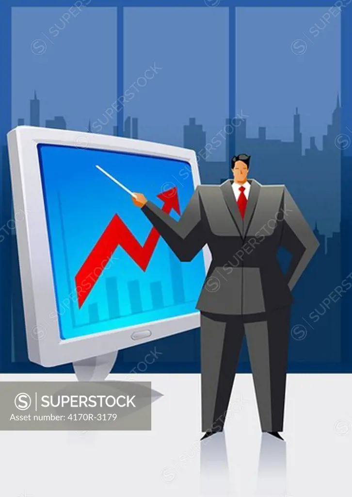 Businessman holding a stick and pointing towards a visual screen