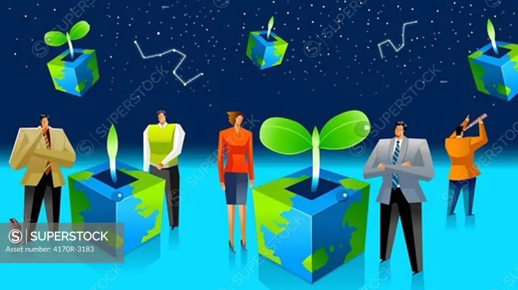Five business executives standing near plants potted in cubical shaped earth