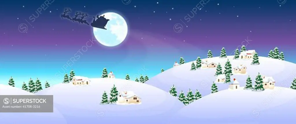 Santa Claus riding a sleigh over a polar landscape