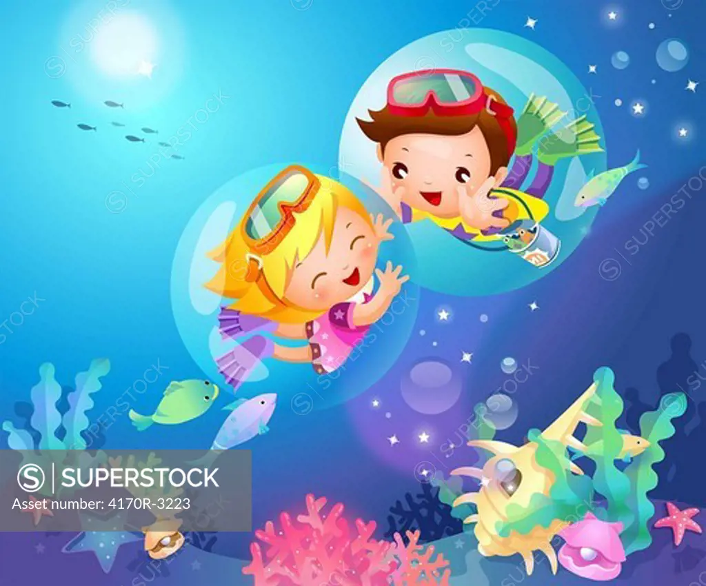 Side profile of a boy and a girl swimming underwater
