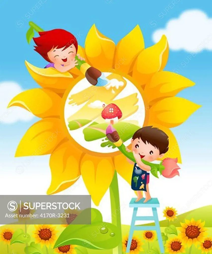Boy and a girl painting a sunflower