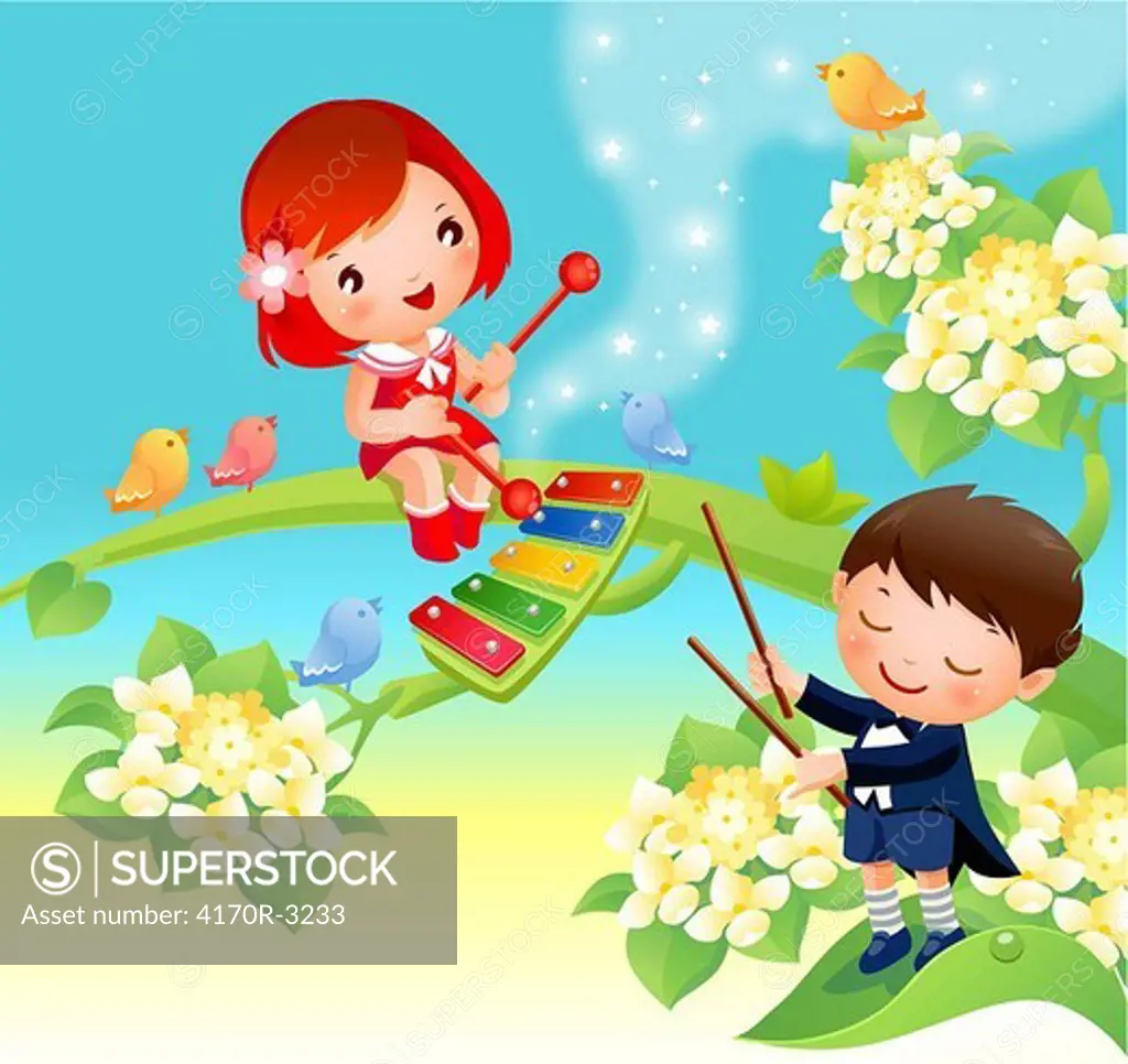 Girl playing a xylophone with a boy gesturing with sticks