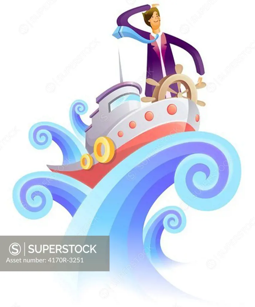 Businessman sailing a cruise ship