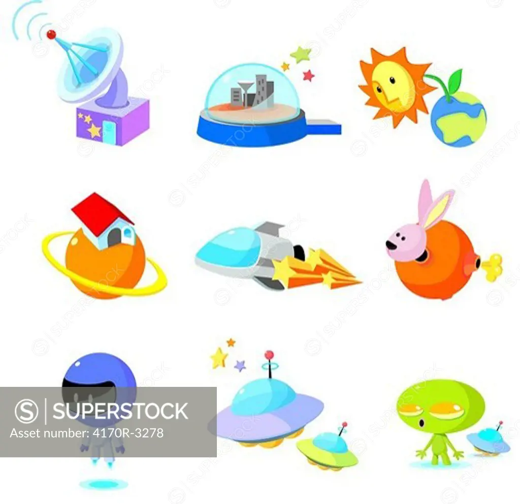 Various space related things with aliens on a white background