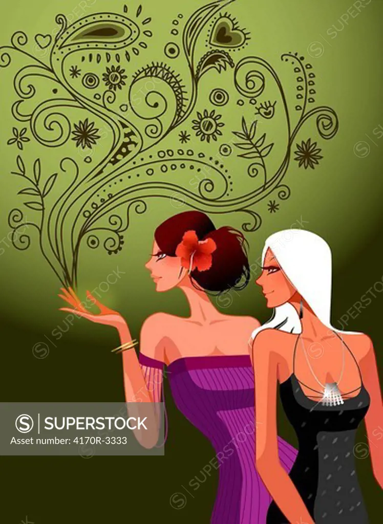 Two women looking at a design