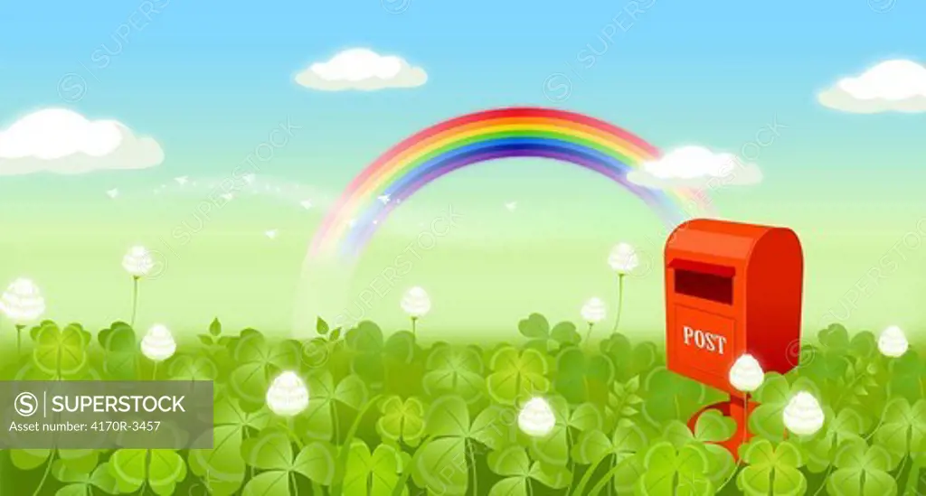 Mailbox in a field with a rainbow in the background