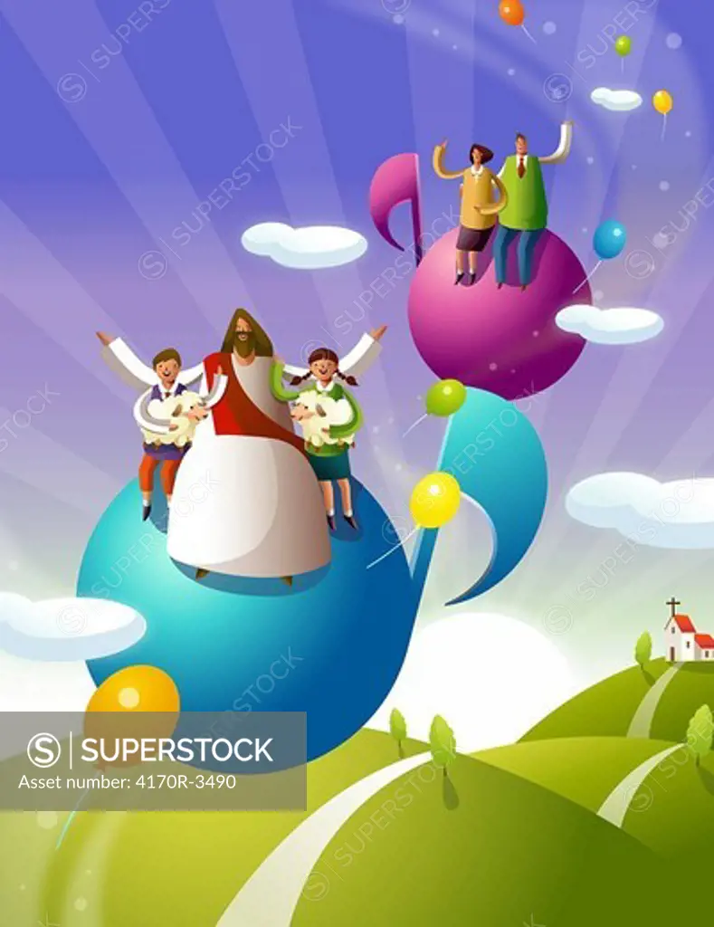 Jesus Christ with two children traveling with balloon in the sky
