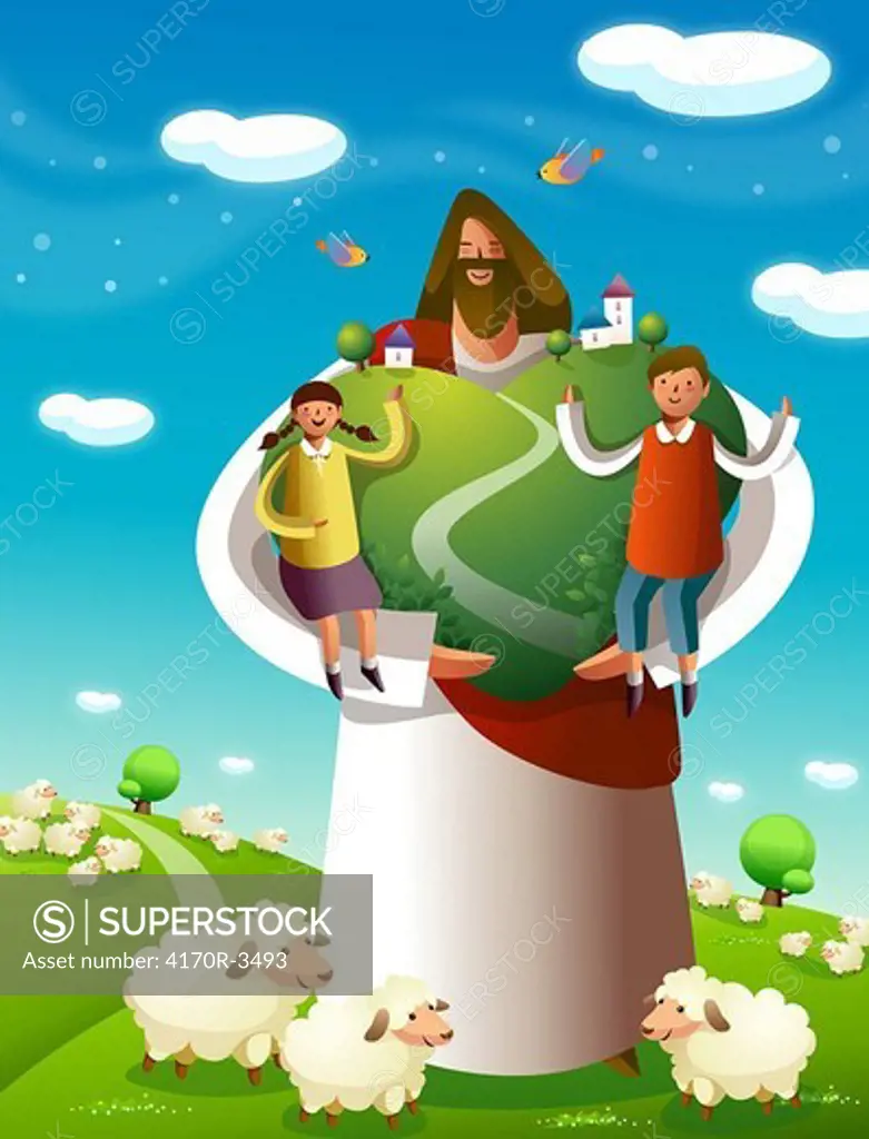 Jesus Christ standing with a boy and a girl on a tree