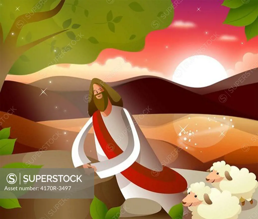 Jesus Christ with two sheep sitting in a forest