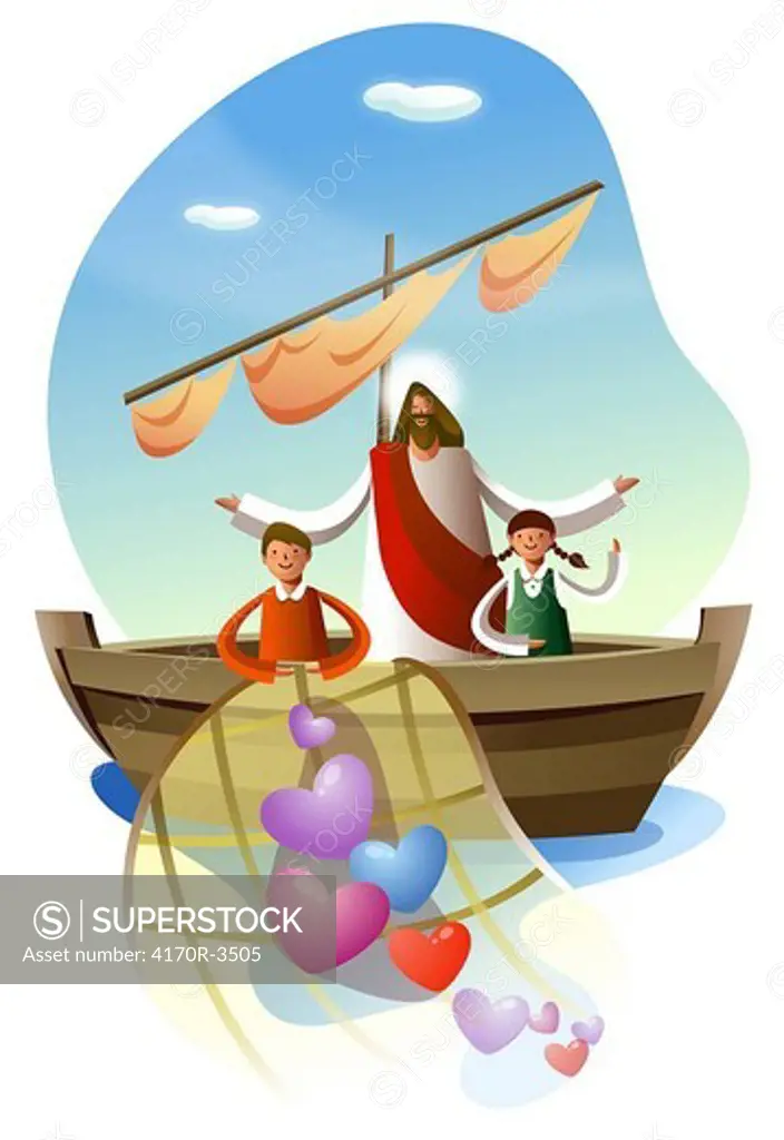 Jesus Christ standing a boy and a girl in a boat