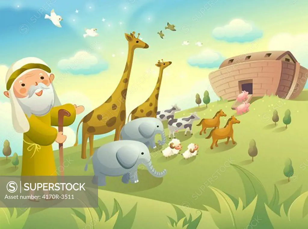 Noah gesturing and group of animals walking to an ark