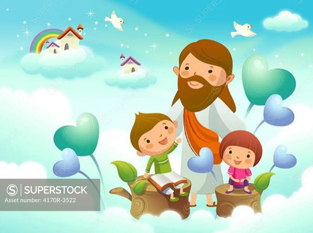 Jesus Christ with two children on the cloud