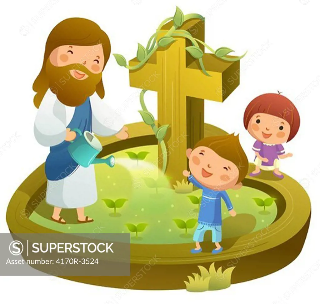 Jesus Christ watering plants with two children standing with him