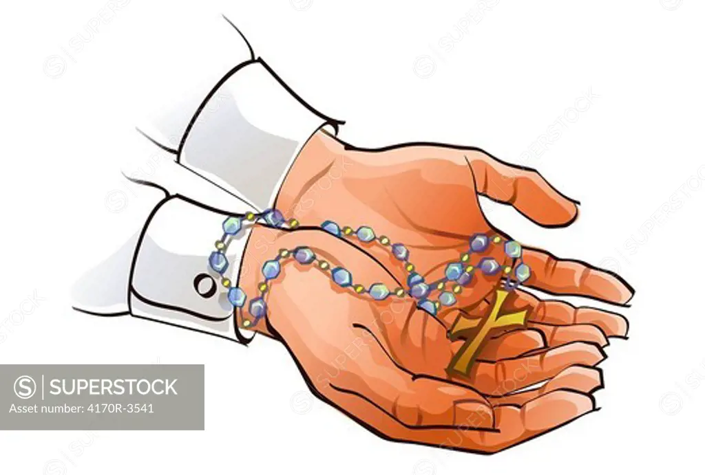 Close-up of a person´s hands holding a rosary beads