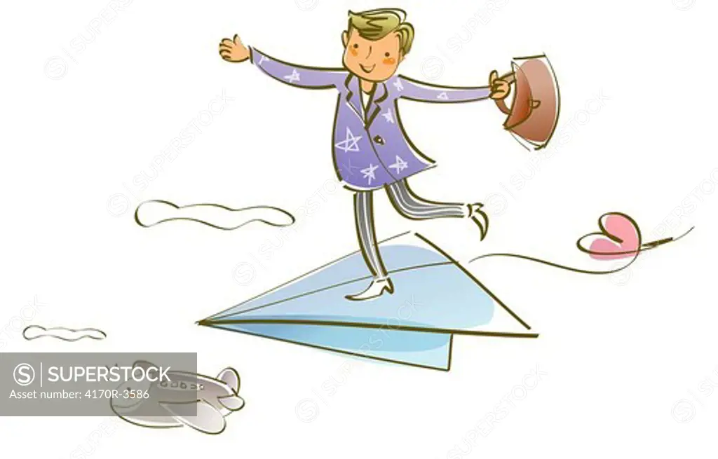 Businessman traveling on a paper airplane