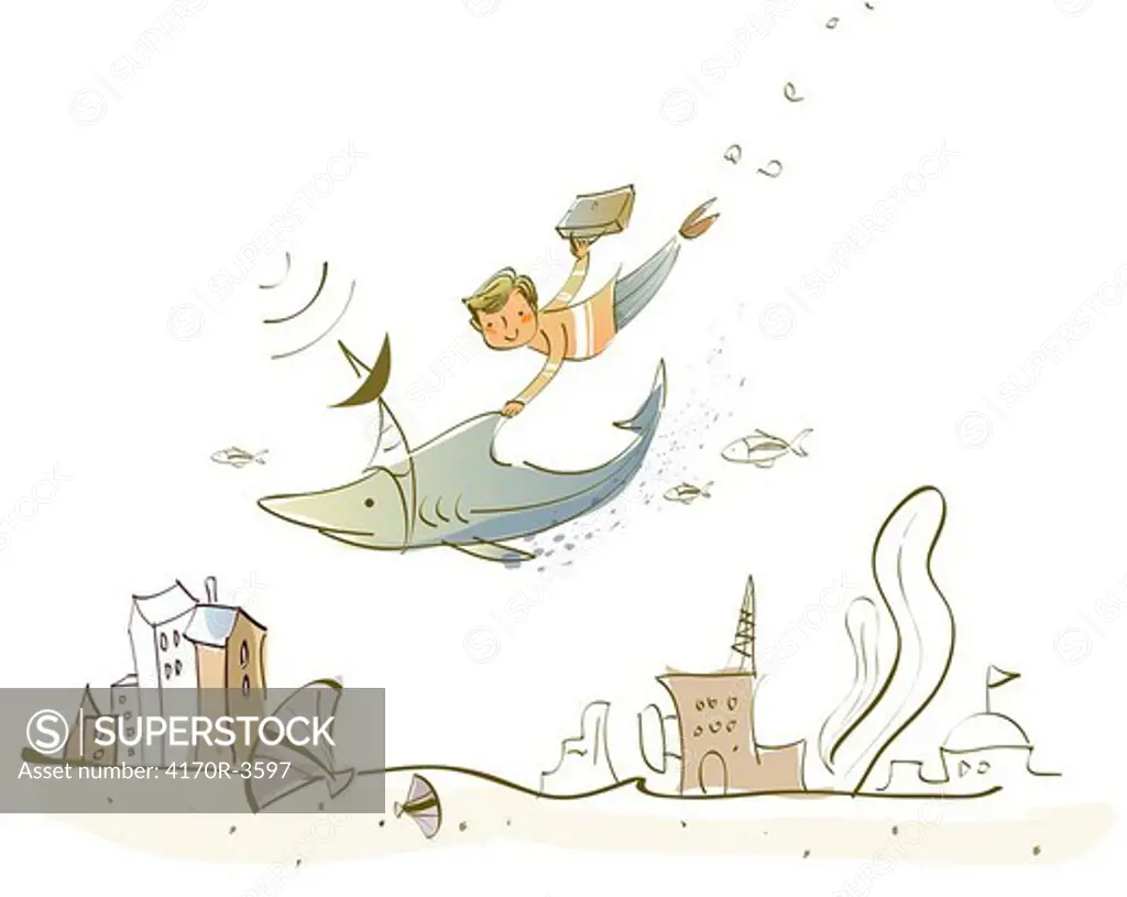 Man flying with a fish over buildings