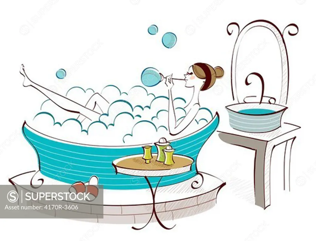 Side profile of a woman blowing soap suds in a bathtub
